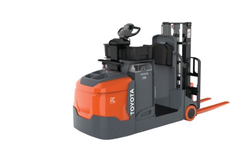 A Toyota center rider stacker forklift as viewed from a front angle