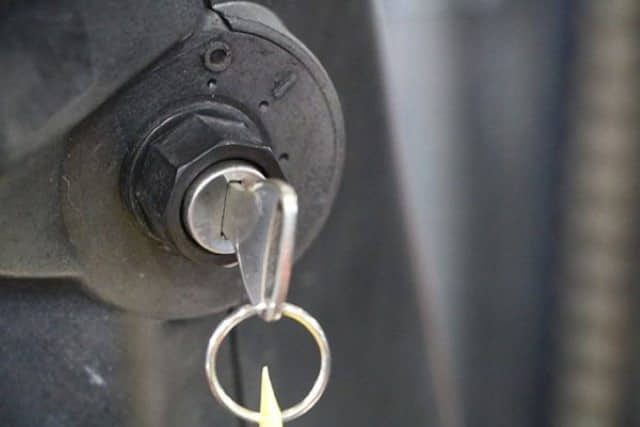 A forklift key in the ignition