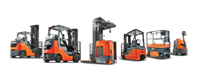 A lineup of Toyota forklifts