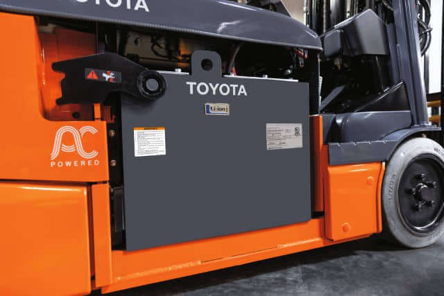 A Toyota electric forklift with a lithium-ion battery