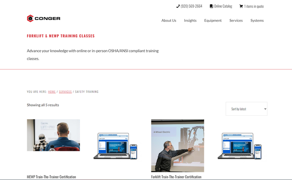A screenshot of Conger Industries' forklift safety training courses web category page