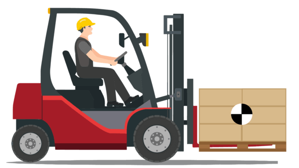 An illustrated forklift with a load demonstrating an even load distribution, with the center of gravity of the load marked