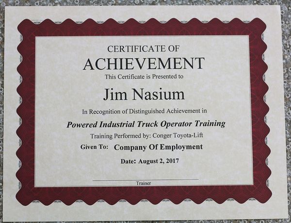 A dummy forklift certification addressed to "Jim Nasium"