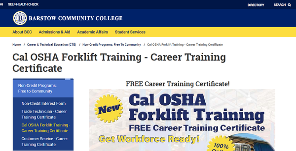 A screenshot of Barstow Community College's online forklift training program