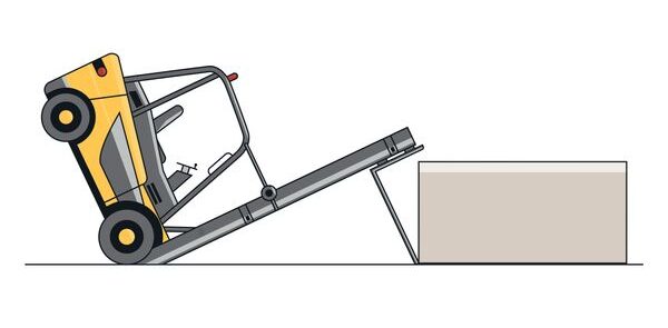 An illustrated forklift tipped over forward, simulating a longitudinal tip-over