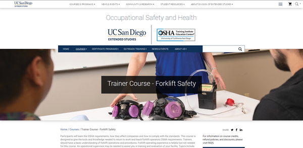 A screenshot of UC San Diego's Forklift Trainer course