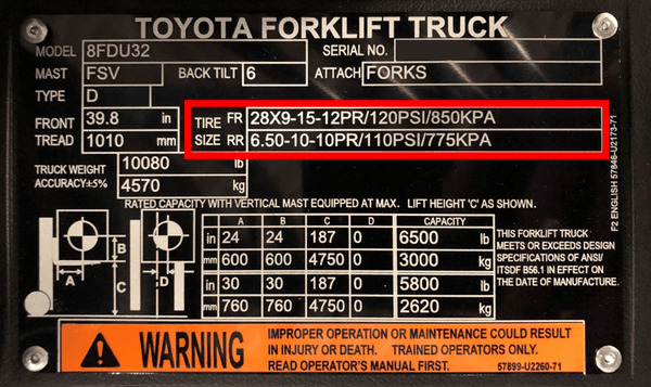 A Toyota forklift data plate with the tire information outlined