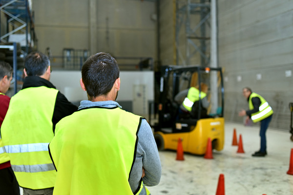 A forklift operator navigating through a cone-outlined obstacle course