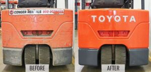 A Toyota 3-wheel electric forklift before and after forklift refurbishment service