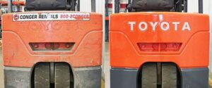A Toyota 3-wheel electric forklift before and after forklift refurbishment service