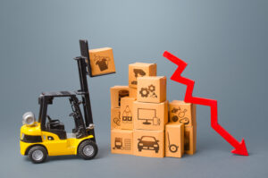 Forklift with boxes and red arrow down.