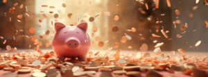 A pink piggy bank surrounded by coins evoking a sense of savings and wealth