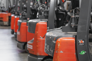 Forklifts lined in a row