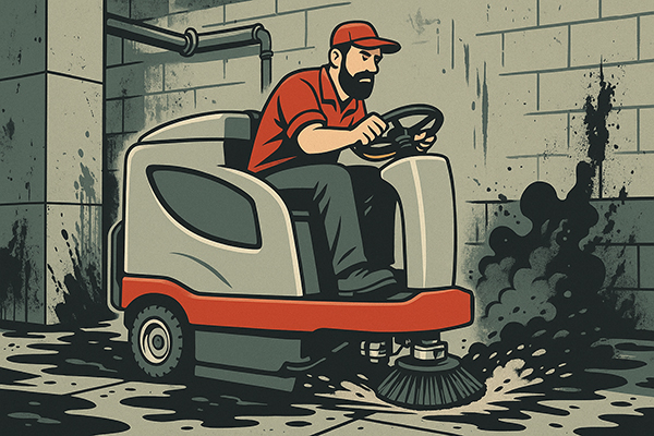 Ride on scrubber cleaning a greasy facility_