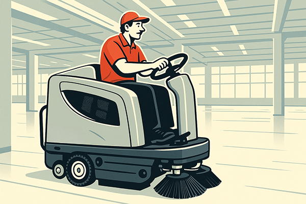 Ride on scrubber operating in comfort and speed in open facilities