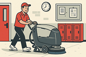 Walk-Behind Scrubber Operating in School
