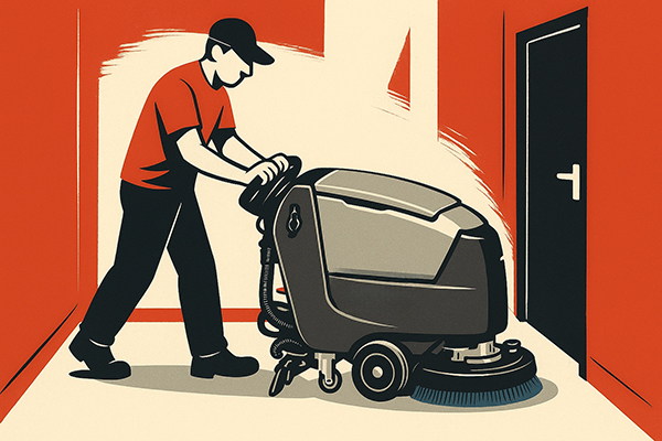 Walk-behind scrubber in controlled in a tight area